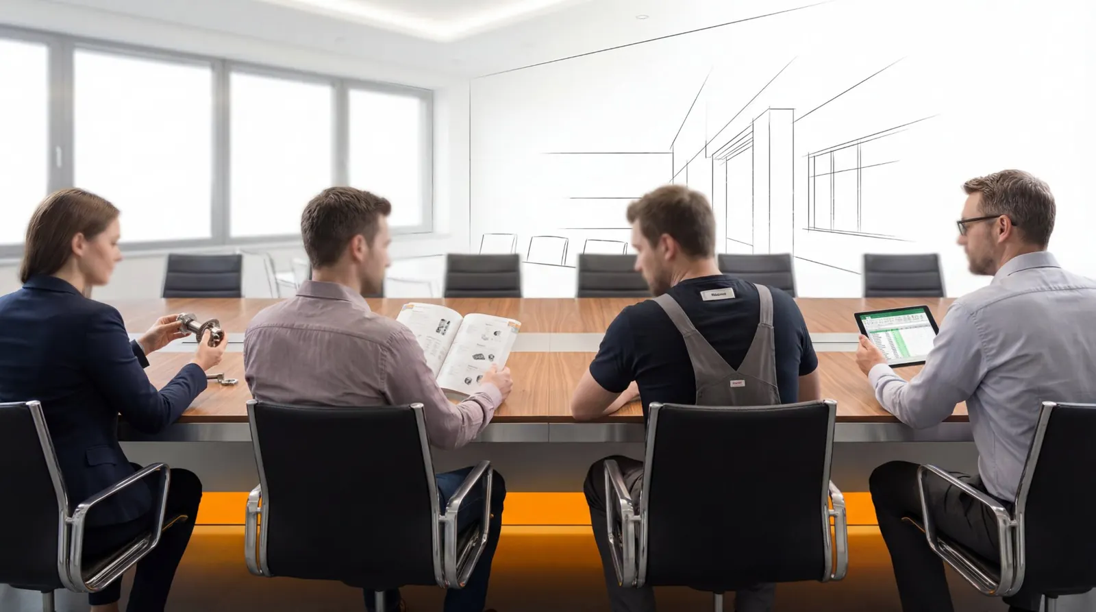 Quatro profissionais em uma mesa de reunião analisando uma peça, um catálogo impresso e uma planilha em tablet