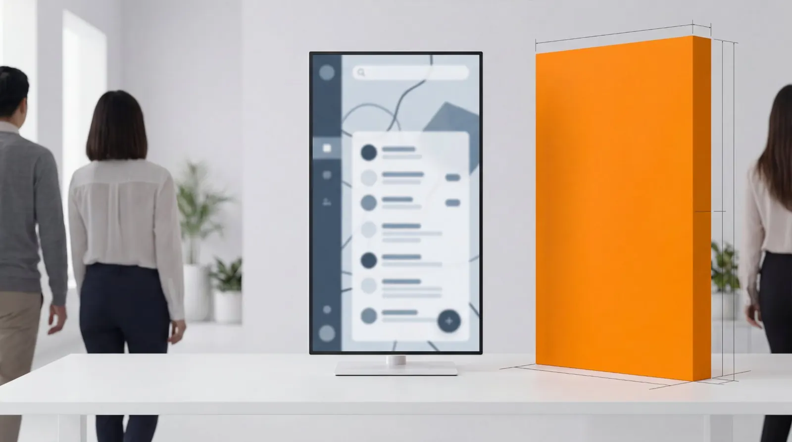 Tela vertical com interface de gestão de dados ao lado de um bloco laranja, em um escritório onde profissionais caminham ao fundo