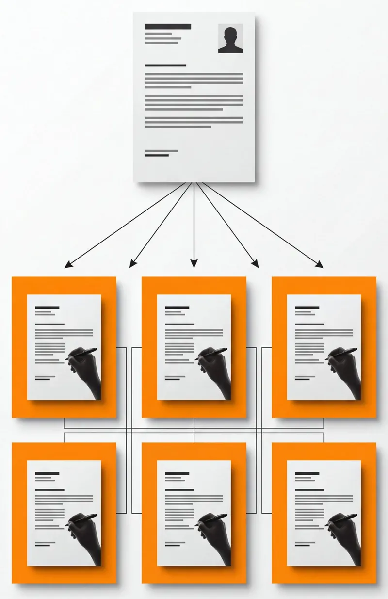 Ilustração de uma política central que se desdobra em documentos assinados, representando a aplicação das regras de privacidade em cada relação com o titular